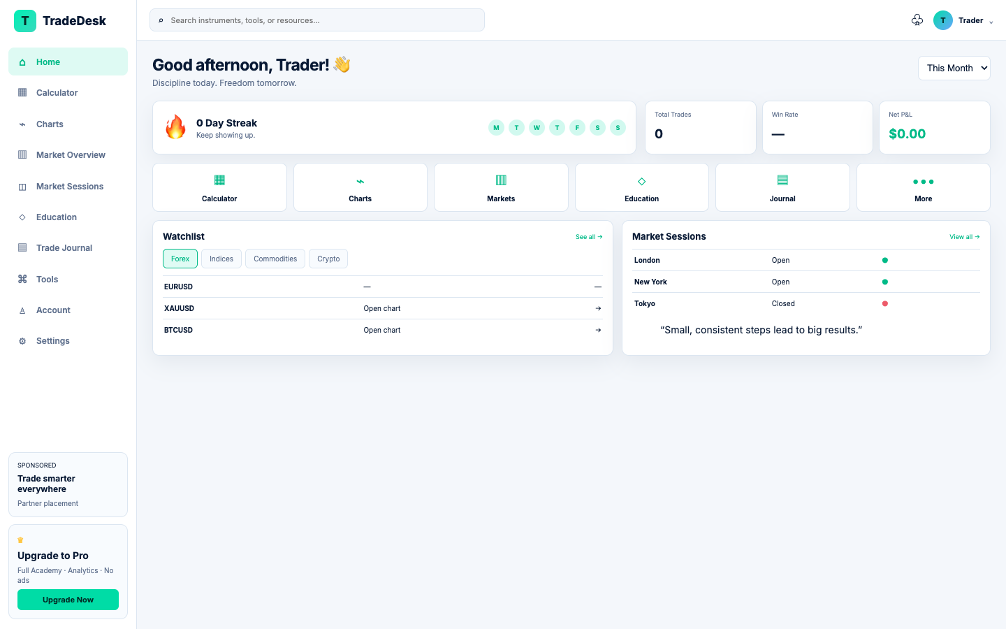 TradeDesk desktop dashboard